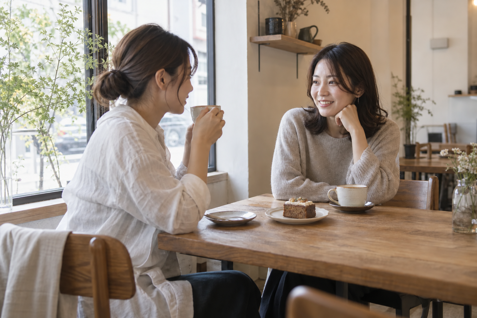 窓際の席でコーヒーと会話を楽しむ二人