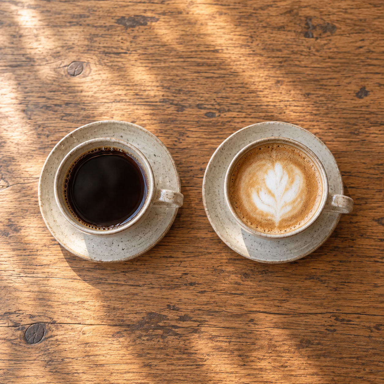 木のテーブルに並ぶドリップコーヒーとカプチーノ